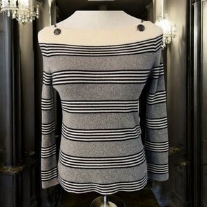 CHANEL 100% CASHMERE STRIPPED BATEAU NECK CHAIN BUTTON SWEATER SIZE 36